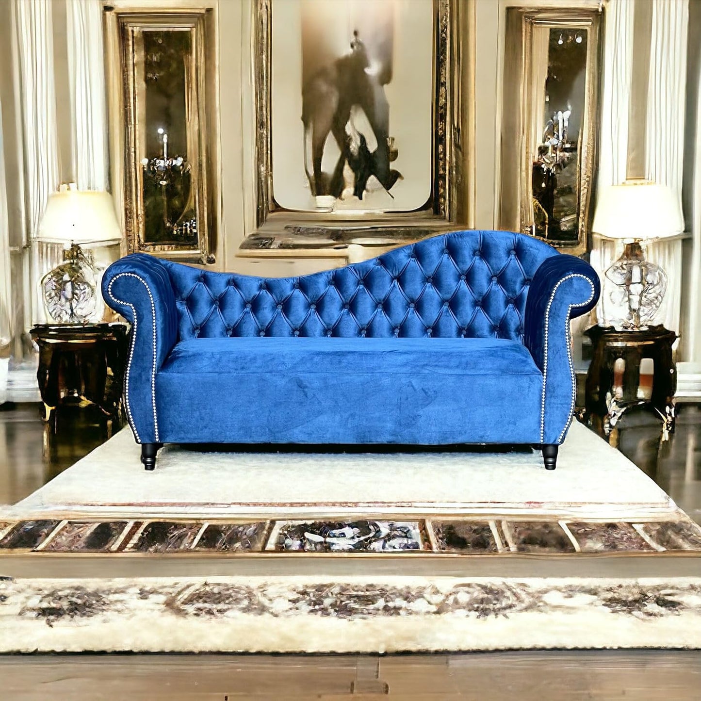 Artois Double Arm Chaise Lounge Sofa Vintage Chesterfield Soft Velvet Button In Blue